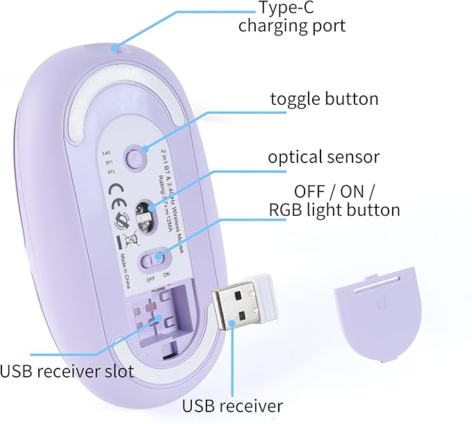 Bluetooth Wireless MouseCreative Floating Cartoon Rabbit Animal MiceRGB Backlit Rechargeable Triple Mode(Dual Bluetooth+USB) Computer Silent Mouse with USB Receiver for Laptop/MacBook/iPad/PC-Purple