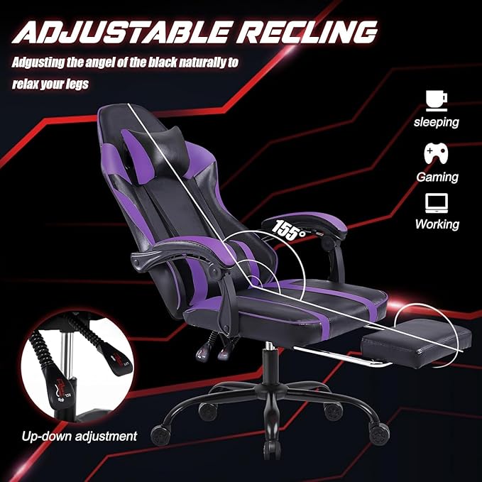 450lbs Big and Tall Gaming Chair with Footrest – Heavy Duty Wide Seat Video Game Chair for Adults Reclining PU Leather High Back Computer Office Desk Chair with Lumbar Support (Model F Black+Purple)
