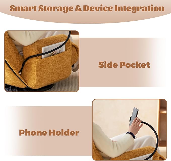 360° Swivel Floor Gaming Chair Teddy Folding Lounge Chair Sofa Chair with Adjustable Head and Waist Armrests &amp Phone Holder Padded Cushion Leisure Chairs for Living Room Bedroom (Yellow)