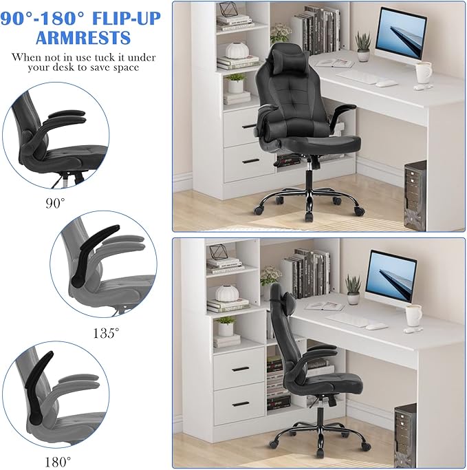 PC Gaming Chair Office Chair Ergonomic Desk Chair with Headrest&amp Lumbar Support Adjustable High Back PU Leather Computer Chair Racing Rolling Swivel Task Chair for Adults Grey