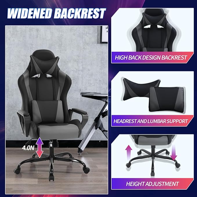 Gaming Chair High-Back Office Chair Ergonomic Video Game Chairs Height Adjustable Reclining Computer Chair with Lumbar Support Armrest Headrest Swivel Chair Game Chair for Adult Teen - Grey