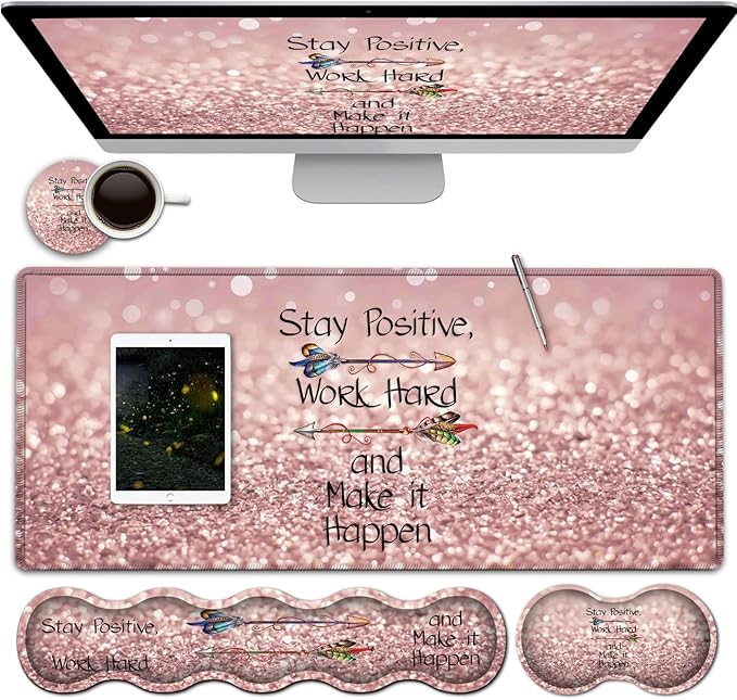 Large Gaming Mouse PadExtended Office Desk MatWaterproof Desk Writing Pad for Home Ergonomic Mouse &ampKeyboard Wrist RestWork Hard Inspirational Quotes Laptop Desk Pad Pink Mousepad Wrist Support