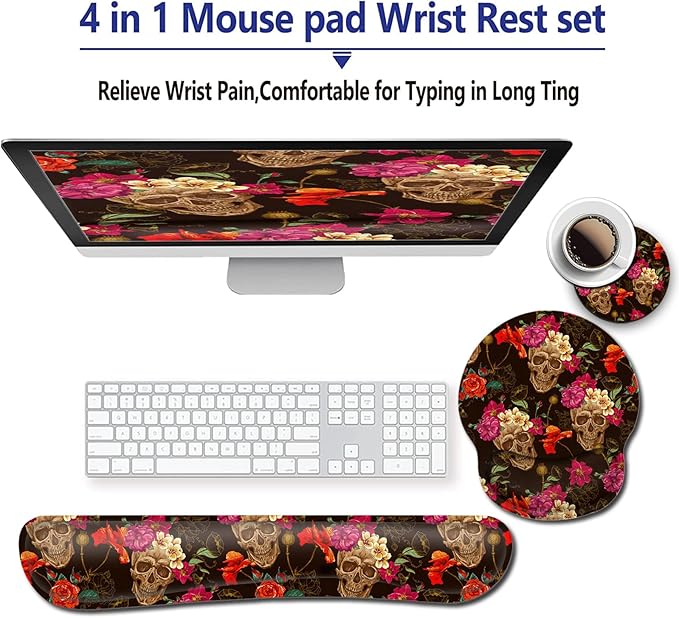 Gel Mouse Pad Wrist Support and Memory Foam Keyboard Wrist Rest in Office Accessories Set for Office Computer LaptopComfortable Lightweight for Easy Typing Pain ReliefRose Flower Skull Desk pad
