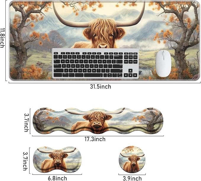 Keyboard Mouse Pad SetLarge Mouse Pad+Keyboard Wrist Rest+Wrist Support+Coaster31.5x11.8in Extended Desk Mat for Computer Laptop Office Home-Highland Cow