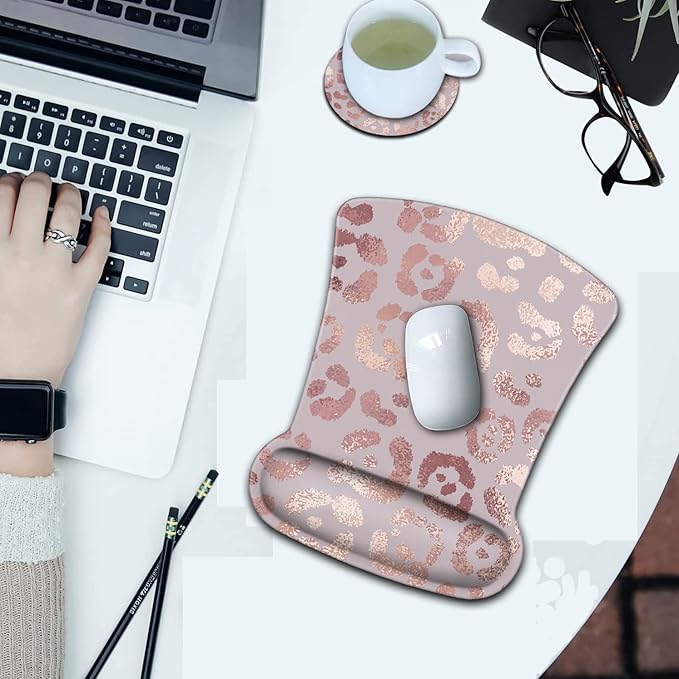 Ergonomic Mouse Pad Wrist Support and Memory Foam Keyboard Wrist Rest SetGel Mouse Mat with Non-Slip PU BaseKeyboard Palm Rest for Home Office Wireless Gaming Desk Pad Rose Gold Leopard Pink