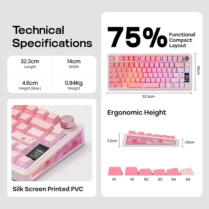 EPOMAKER TH80 V2 PRO Wireless Gaming Keyboard with Screen&ampKnob 10000mAh 2.4Ghz/BT/USB-C RGB Hot Swap Custom Driver NKRO PBT Keycap Mechanical Keyboard for PC/Mac (Pink Creamy Jade)