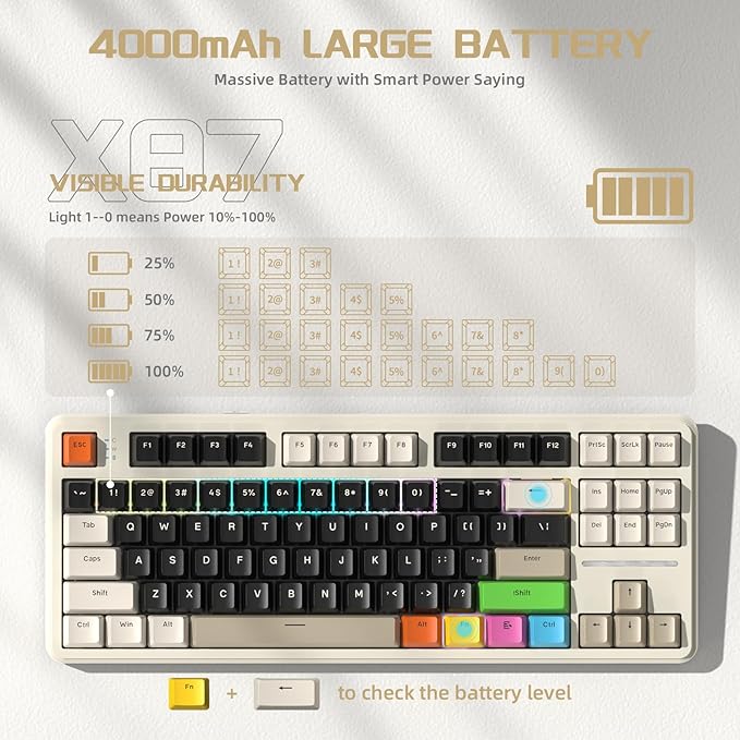 ATTACK SHARK X87 80% Wireless Mechanical Keyboard&ampColored KeycapsHot-Swap Gasket RGB Backlit 4000mAhPre-lubed Linear Switch PBT Keycap BT/2.4G/USB-C Gaming Keyboard for PC/MAC-Black(White&amp8