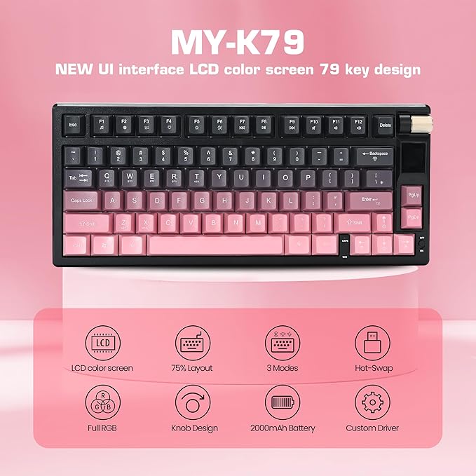 MY-K79 Gradient Wireless Mechanical KeyboardLinear Red Axis Gaming Keyboard with TFT Smart Display&ampKnobHot Swappable Gasket Mount 75% Layout with KnobRGB Backlit Bluetooth/2.4G/USB-C (Gray)
