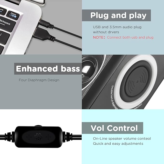 RECCAZR Computer Speakers with Surround Sound 2.0CH USB Wired Powered Multimedia Speaker for Desktop/TV/PC/Laptops/Smart Phone Built-in Four Loudspeaker Diaphragm (Gray)