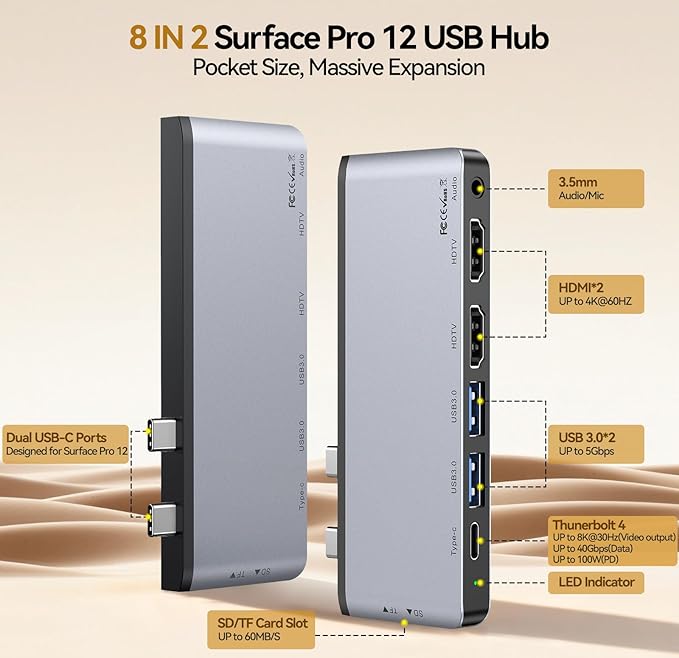 Surface Pro 12 Docking Station - 8-in-1 Triple Display USB Hub with Dual 4K HDMI Thunderbolt 4 (4K@60Hz 40Gbps 100W PD) 2 USB 3.0 SD/TF Audio for Surface Pro 12 Accessories