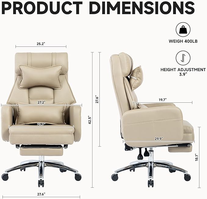 Video Game Desk ChairSwivel Ergonomic Office Chairwith Footrest and Comfy Lumbar SupportPU Leather Recliner with HeadrestFixed Up ArmrestHeight Adjustable with 360°Swivelfor Adults (Beige)