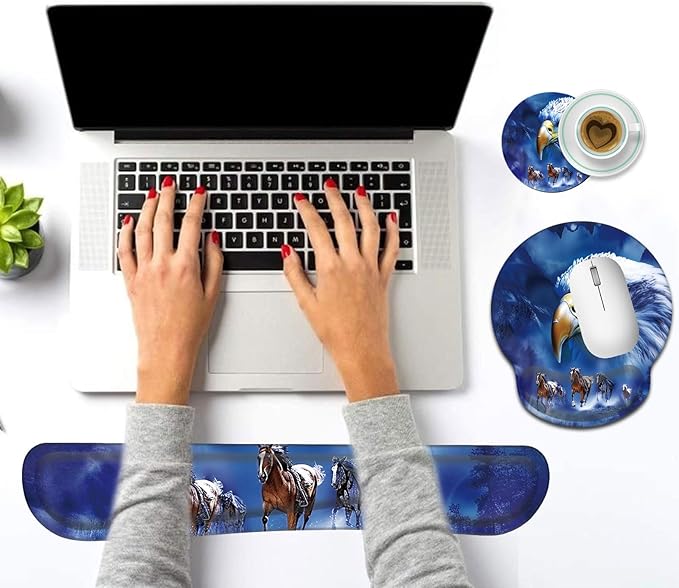 Keyboard Wrist Rest and Mouse Pad Wrist Support Set with CoastersErgonomic Gaming Mousepad for Home Office Working Studying Easy Typing &amp Pain ReliefEagle and Horse