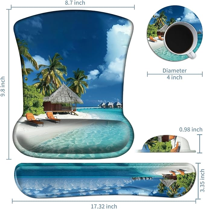 Keyboard Wrist Rest and Mouse Wrist Rest Pad Set Made of Memory Foam with Non Slip Rubber Base Ergonomic Gel Wrist Rest for Computer Keyboard Gaming Office Working with Beach Sand Coaster