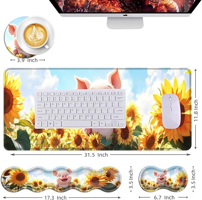 Mouse PadLarge Desk Mat Set 4in1 XL Mousepad + Keyboard Wrist Rest+Mouse Wrist Rest+Coaster with Ergonomic Desk Pad for Home Office Table Computer Cover -Pig in Sunflower Field