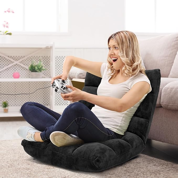 SIMOE 14-Position Foldable Floor Chair with Back Support Plush Coral Fleece Floor Seating for Kids Teens &amp Adults Padded Lazy Sofa Gaming Chair for Bedroom Reading &amp Dorm Black