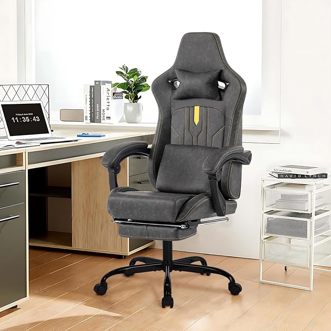 Premium Grey Gaming Chair - Ergonomic Video Game Chair with Massage Lumbar Support &amp Adjustable Footrest PU Leather Racing Seat for Adults