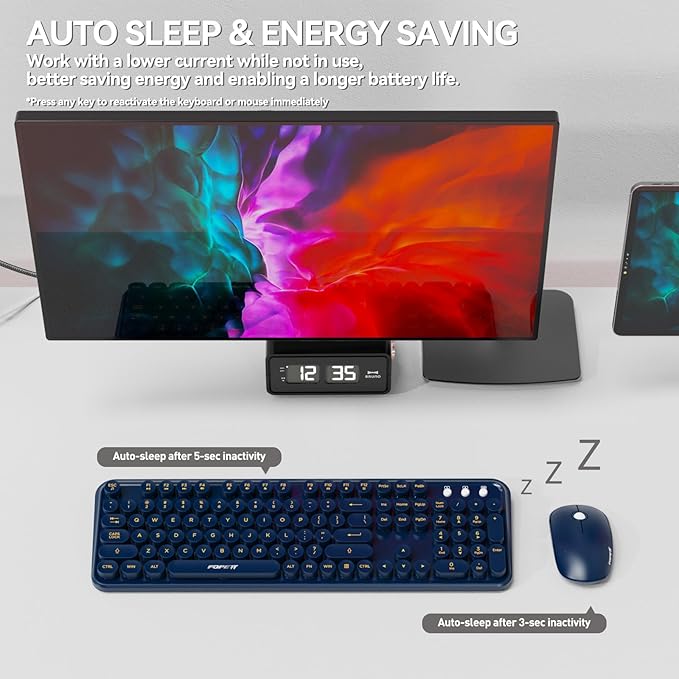 FOPETT Wireless Keyboard and Mouse Combo 104 Keys Full-Sized 2.4 GHz Round Keycap Colorful Keyboards USB Receiver Plug and Play for Windows Mac PC Laptop Desktop (DarkBlue)