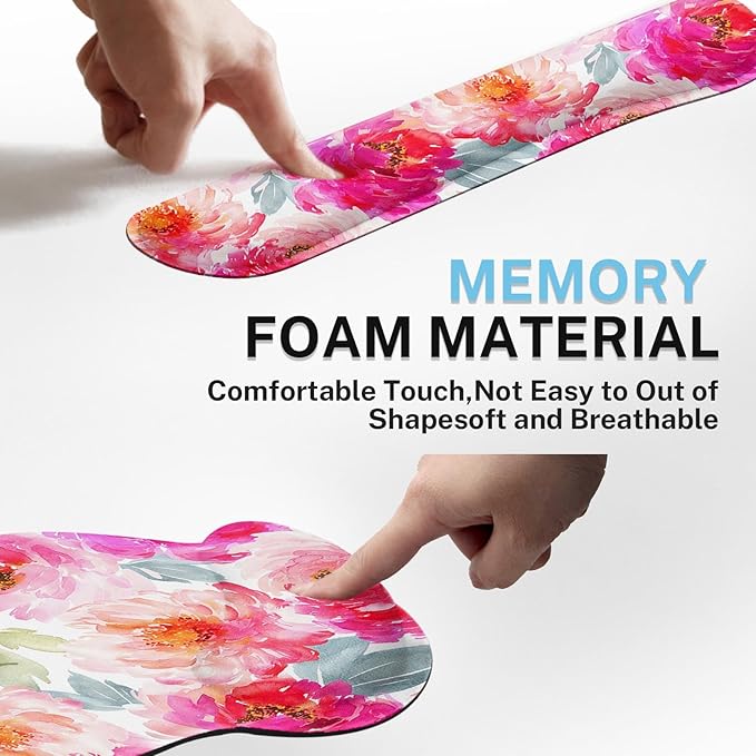 Arttown Flower Floral Pink Desk Mat Peony Spring Summer Mouse Pad Set 4-in-1 Large Mousepad+Keyboard Wrist Rest+Mouse Wrist Rest+Coaster with Ergonomic Design Non-Slip Mat