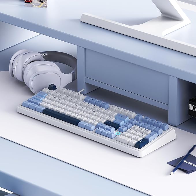 NACODEX AK980 Wired Mechanical Gaming Keyboard 98% Gasket Hot Swappable Keyboard with RGB Backlit PBT Keycaps Five-Layer Padding 101 Keys Gaming Keyboard White Blue