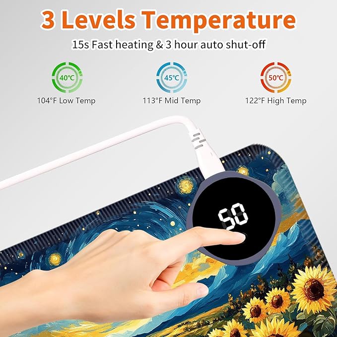 Heated Mouse PadWarm Desk Pad with 3 Levels Heating &amp 3 Hours Auto Shut-Off PU Leather Heated Desk Pad Warmer Pad for Home Office - 31.5 x 13 inchStarry Sky Sunflower