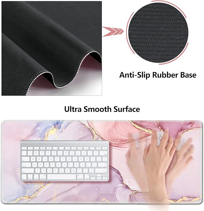 AIMSA Large Gaming Mouse Pad Set Keyboard Wrist Rest Support Mouse Pad Ergonomic Memory Foam Multifunctional Extended Desk Mat 35x15.7in Anti-Slip Rubber Base for Office Home Pink Purple Marble