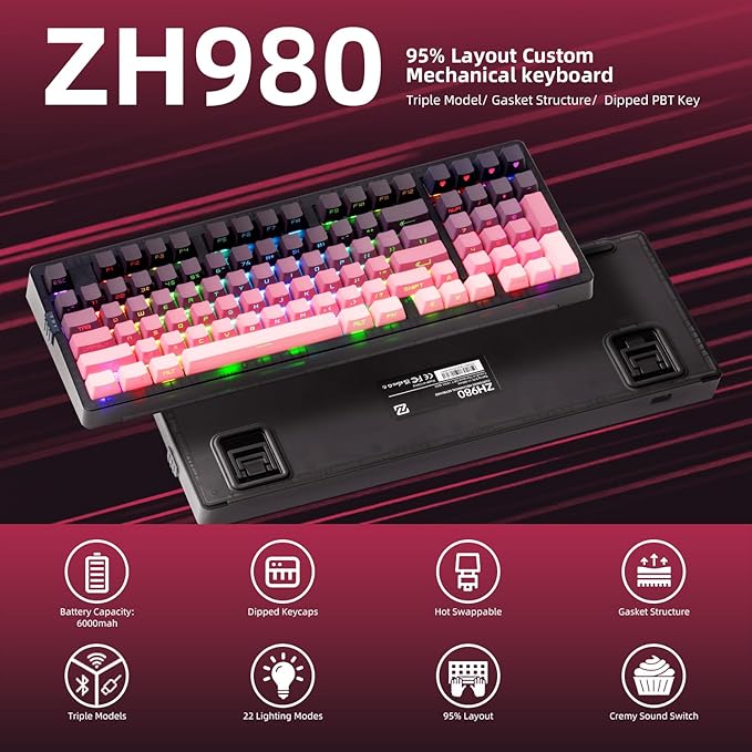 ZORNHER ZH980 Mechanical Keyboard Wireless95% Pink Creamy Keyboard with Number PadGaming Keyboard with Number PadLighted Up PBT KeycapsCreamy Sounding Linear SwitchesFull Size