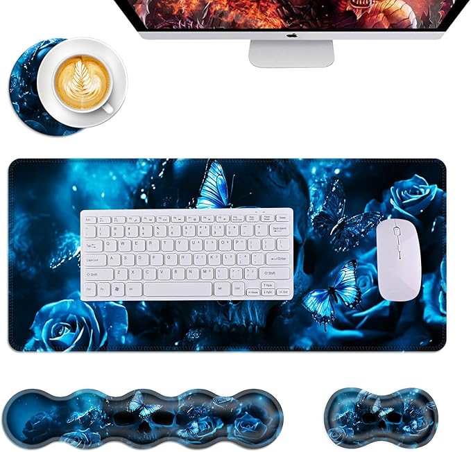 Mouse PadLarge Desk Mat Set 4in1 XL Mousepad + Keyboard Wrist Rest+Mouse Wrist Rest+Coaster with Ergonomic Desk Pad for Home Office Table Computer Cover -Skull with Butterflies and Roses