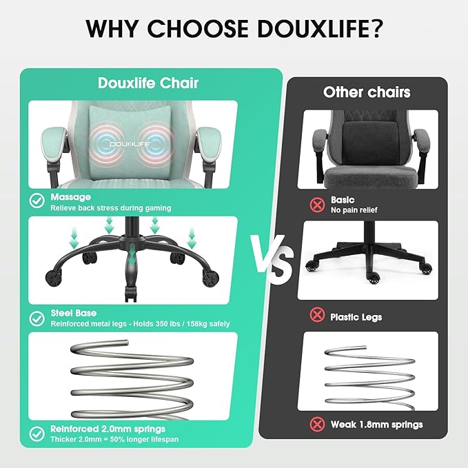 Gaming Chair Tech Fabric Computer Chair with Massage Office Chair with Pocket Spring Widened Cushion High Back Ergonomic Chair with Footrest Lumbar Support Upgraded Metal Legs 350LBS (Green)