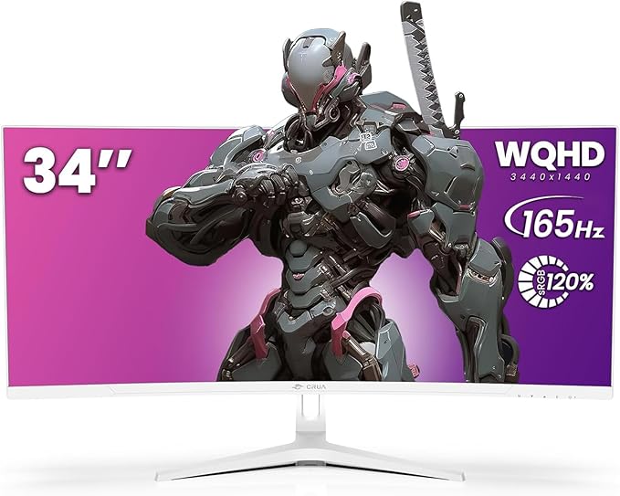 CRUA 34'' White Gaming Monitor 165Hz/144Hz 21:9 1500R Ultrawide Curved Monitor WQHD 3440X1440 120%sRGB VA Panel Computer Monitor Support Freesync PIP/PBP HDMI2.0 &amp DP1.4 Wall Mount&ampTilt Ad