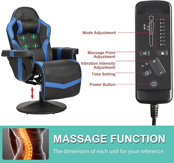 LVUYOYO Reclining Gaming Chair Massage Gaming Chairs for Adults High Back PU Leather Game Recliner w/Adjustable Height Swivel Game Chair with Lumbar Support Cup Holder Headrest