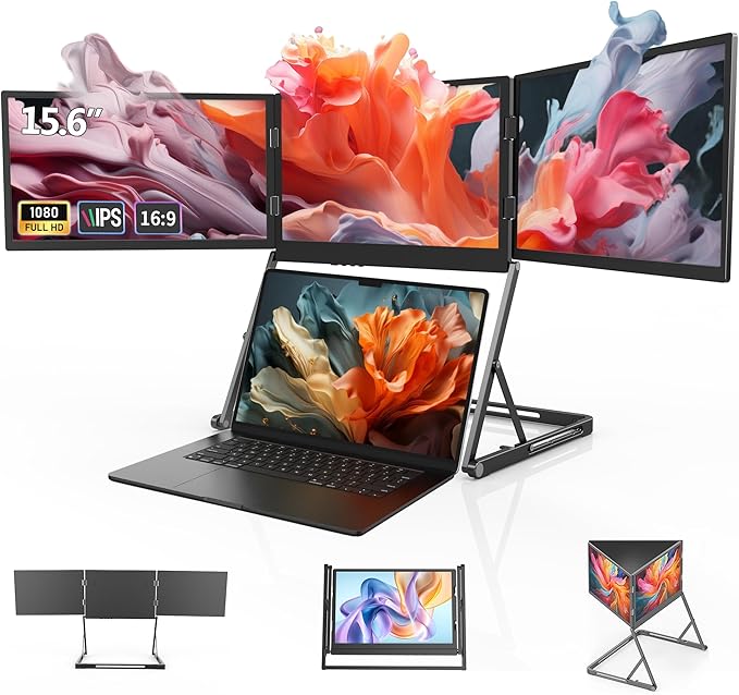 15.6 Triple Laptop Screen Extender 3× FHD 1080P IPS Portable Foldable Triple Monitor USB-C (DP Alt Mode) &amp HDMI Plug n Play Fits 13–17 Laptops Windows/Mac/Android