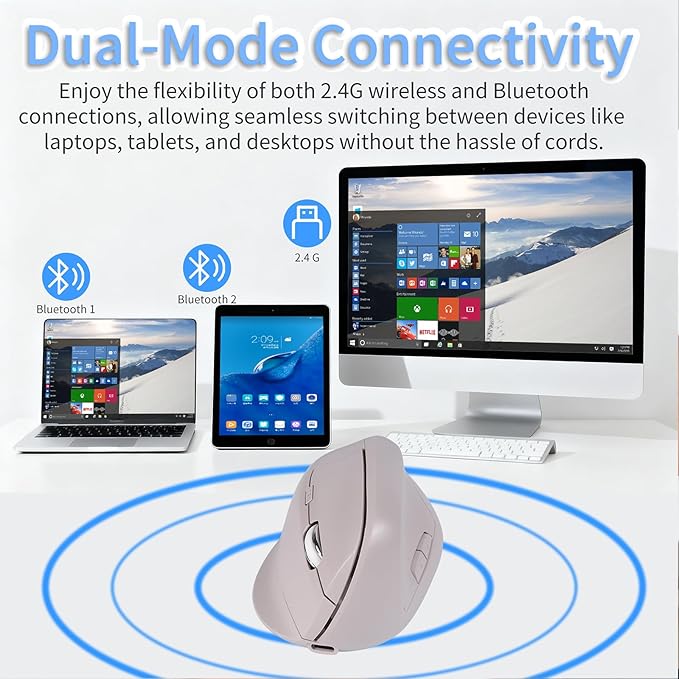 Bluetooth Wireless Vertical Mouse - Ergonomic Design Rechargeable with Type-C Silent Operation for Office and Home Use Ideal for Professionals &amp Students (Gray)
