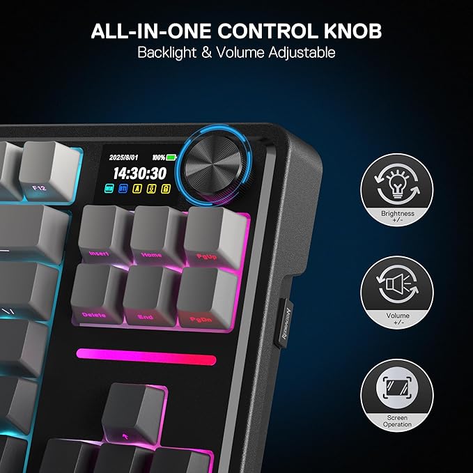 Redragon K743 PRO GB 80% Gasket RGB Gaming Keyboard w/Hype 1.14’’ TFT Screen &amp Knob 84 Keys Mechanical Keyboard 5-Layer Noise Dampening Hot-Swap South-Facing RGB Socket Gradient PBT Keycaps