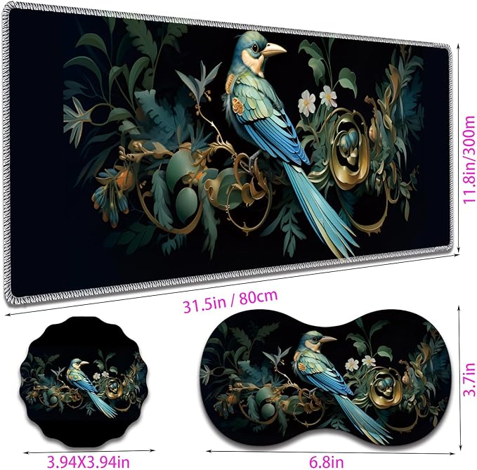 Large Gaming Mouse Pad + Mouse Wrist Rest Pad + Coaster Combination 31.5 x 11.8 Durable Non-Slip Extension Table Mat Suitable for Office and Home Bird Leaf