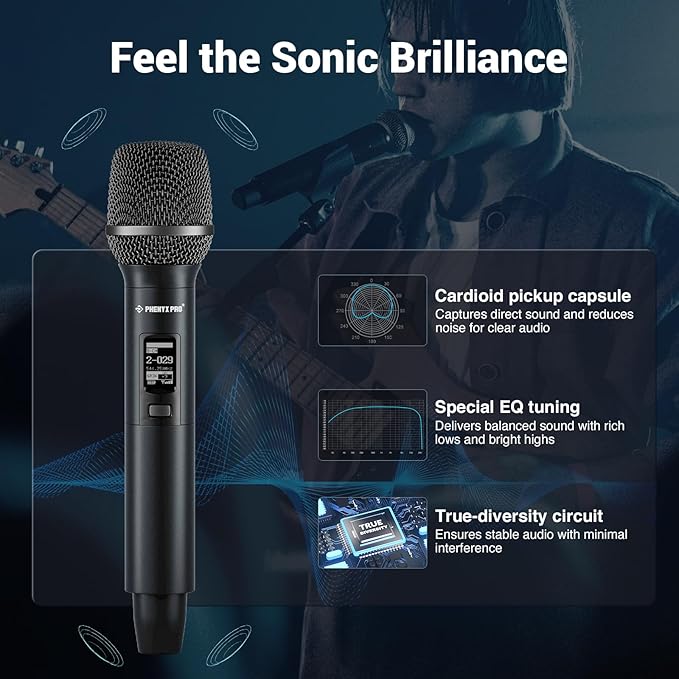 Phenyx Pro Dual-Channel Wireless Microphone System Dynamic Mics w/ID Lock Tunable Power Level Auto Scan Spectrum Analyzer True Diversity Cordless Handheld for Singing DJ Karaoke (PTAU-2)