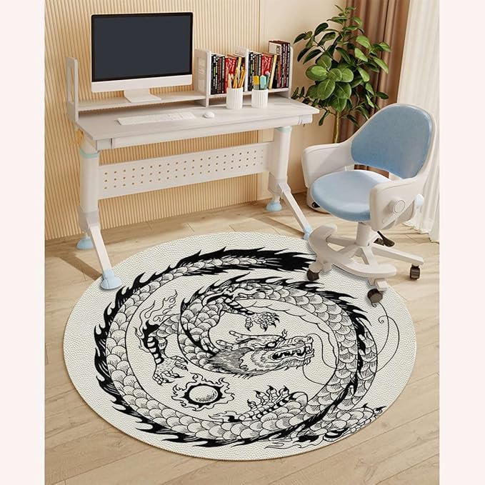 Black and White Gaming Chair Mat Round Floor Mats Japanese Swirled Dragon Mythology Eastern Office Chair Computer Gaming Desk Mat for Rolling Chair Non-Slip Gaming Rug Dragon Diameter 35.4 in