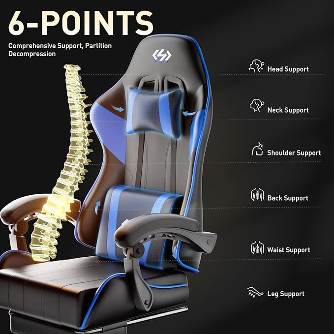 HLDIRECT Gaming Chair Ergonomic Computer Office Chair with Lumbar Support Footrest Headrest PU Leather 360° Swivel Adjustable Height Metal Frame 200 lbs Capacity (Black&ampBlue)