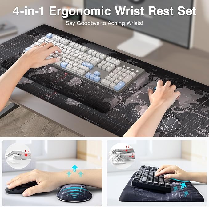 Ospelelf Ergonomic Mouse Pad and Keyboard Stand Wrist Rest Pad Set with Large Mousepad Memory Foam Comfort Premium Office Desk Accessories for Pain Relief and Efficiency Black Map
