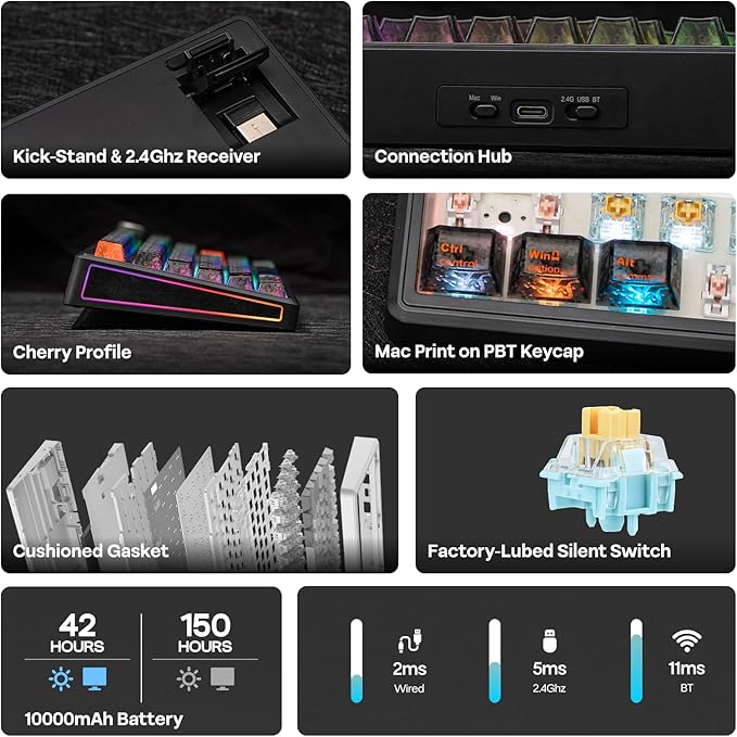 EPOMAKER TH80 V2 PRO Wireless Gaming Keyboard with Screen&ampKnob 10000mAh 2.4Ghz/BT/USB-C RGB Hot Swap Custom Driver NKRO PBT Keycap Mechanical Keyboard for PC/Mac (Black Sea Salt Silent)