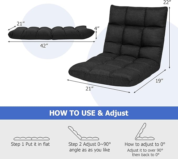 ERGOMASTER Video Gaming Floor Chair with Adjustable 14-Position Memory Foam Folding Floor Sofa Chair Lounger Folding Sleeper Bed Couch Recliner Lazy Lounger for TV Reading Relaxing Black