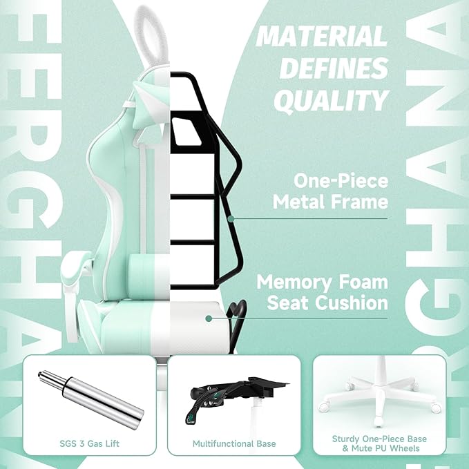 Ferghana Kawaii Light Green Gaming Chair with Bunny Ears Ergonomic Cute Gamer Chair with Footrest and Massage Racing Reclining Leather Computer Game Chair for Girls Adults Teens Kids