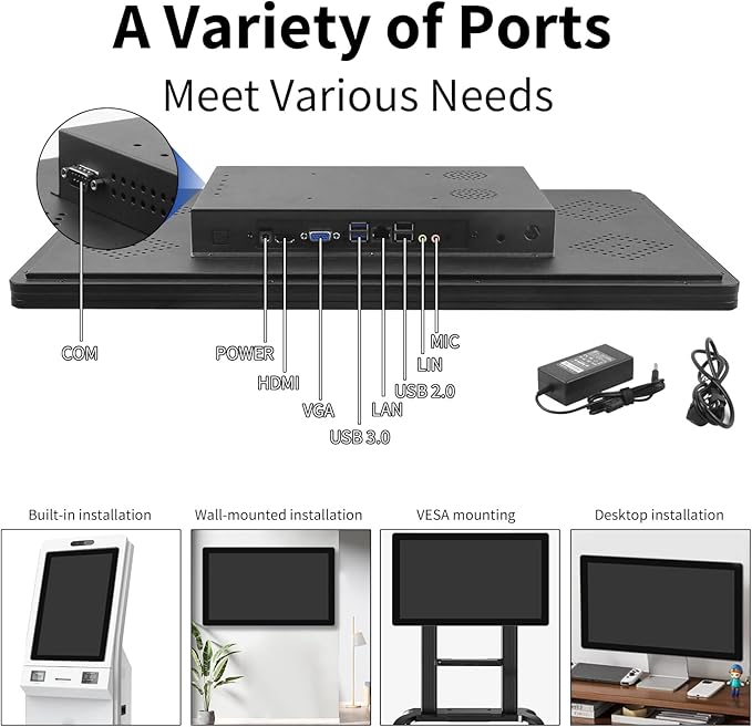Touchscreen Monitor 15.6 Inch 10-Points Touch Industrial Monitor 1920 * 1080 FHD HDMIVGA&amp USB Embedded Touch Screen Monitor for Device POI/POS/Kiosk/Automation Built-in Speakers VESA