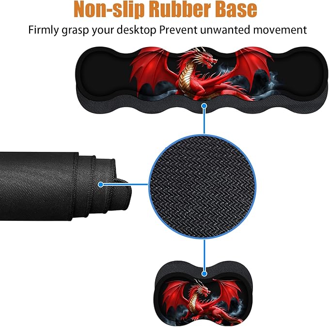 4 in 1 Ergonomic Keyboard Wrist Rest &amp Mouse Pad Wrist Rest Set Large XXL Gaming Desk Mat 31.5x 11.8 with Non-Slip Base Memory Foam for Home Office Study Gaming Red Dragon