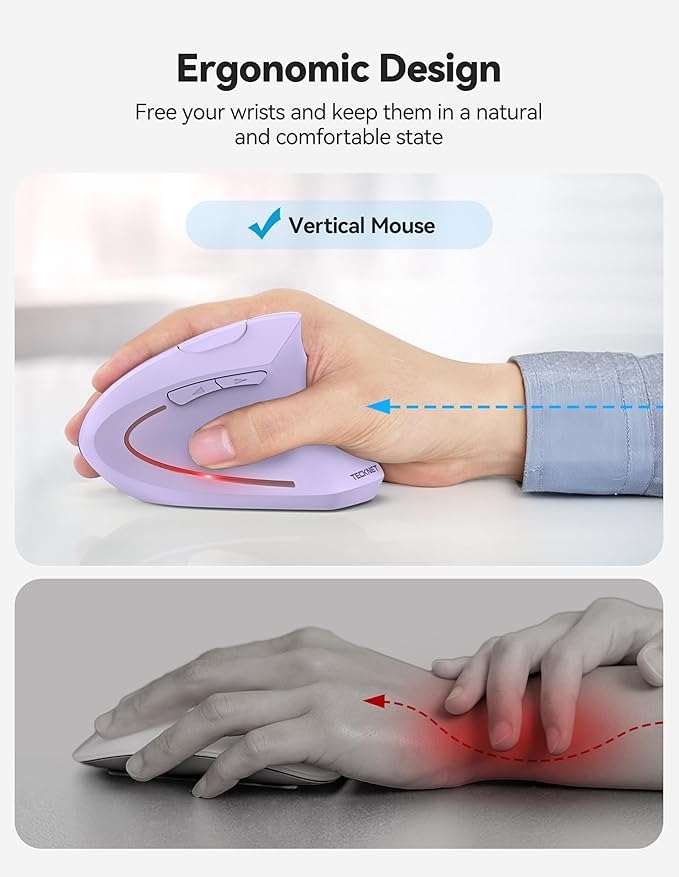 TECKNET Ergonomic Mouse Rechargeable 2.4G+Bluetooth Vertical Mice 6 DPI Adjustable Wireless Optical Carpal Tunnel Mouse Right Hand Multi Device for Laptop PC Computer MacBook - Light Purple