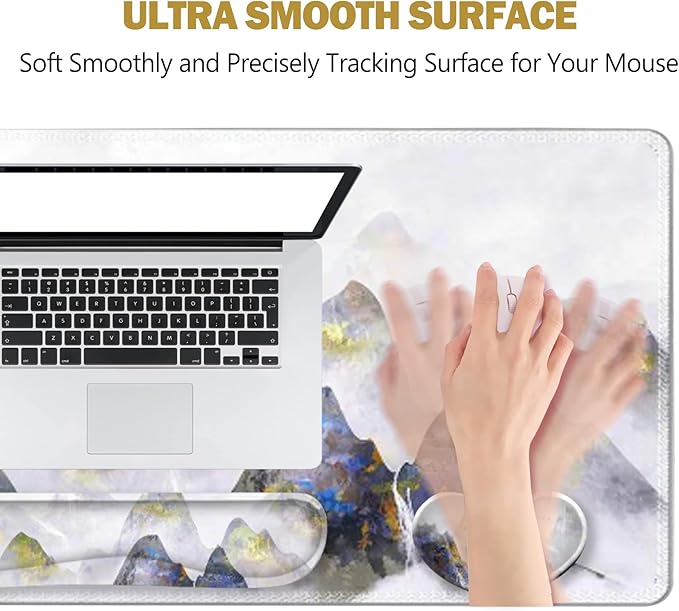 ToLuLu Extended Gaming Mouse Pad Memory Foam Ergonomic Keyboard Mouse Wrist Rest Support Set Large Desk Mat with Stitched Edges Non-Slip Base Mousepad for Home Office Game Study Ink Mountain