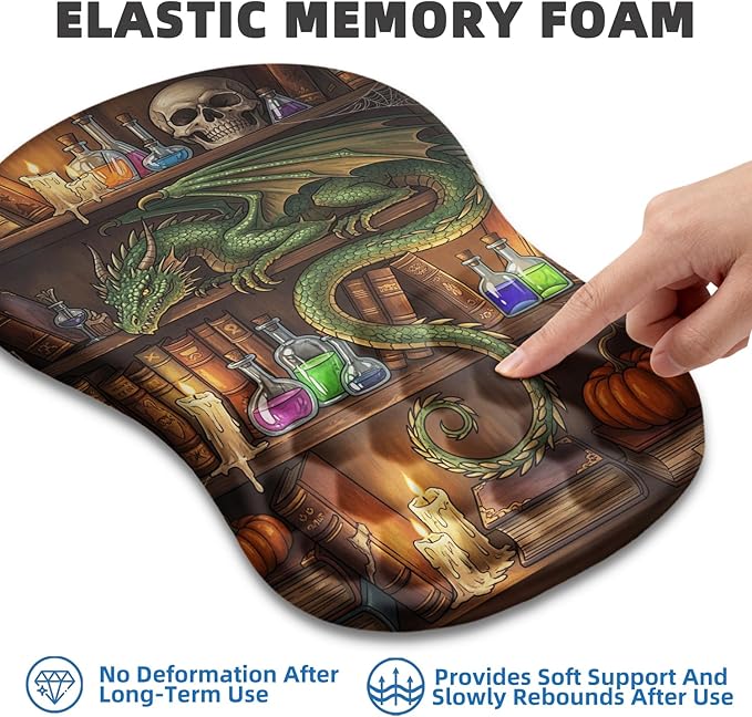Ergonomic Mouse Pad Wrist Rest Carpal Tunnel Pain Relief Wrist Support Mousepad with Massage Bulge Memory Foam (Dragon 11.8x7.9 in)