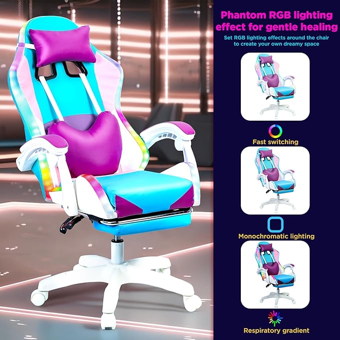 Talent Star Ergonomic Gaming ChairReclining Video Game Chairwith RGB LED Lights Massage and Footrest Heart High Back Adjustable Lumbar Support for Adult Height Adjustable with 360° Swivel Chair Pu