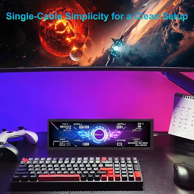 7.84 Inch Mini Monitor One-Cable Connection(No HDMI Needed) HD IPS 1280x400 Secondary Screen Stretched Bar LCD Display Aida64 CPU GPU Speed Temperature Monitoring for Windows 10/11 Only