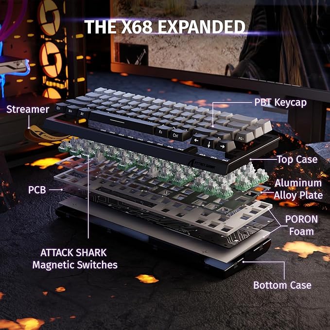 ATTACK SHARK X68 HE 8KHZ Rapid Trigger Keyboard Magnetic Switch0.01 mm RT AccuracyWired RGB 60% Gaming Keyboard TKL with Adjustable ActuationSnap TapCoiled Cablefor PC/Mac(Moon Night)