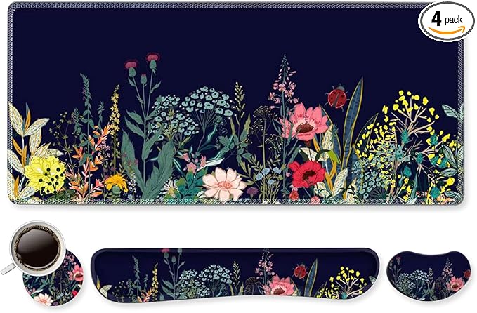 DINKY Keyboard Mouse Pad Set Large Gaming Mousepad + Memory Foam Ergonomic Keyboard Wrist Rest Support Easy Typing Pain Relief 4Pcs (35.4 x 15.7) Extended Desk Mat-Flower Weed
